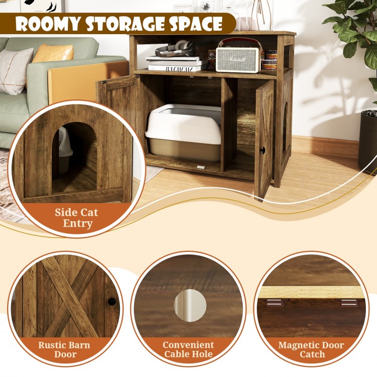 Cat litter box enclosure with double barn doors, side entry, and spacious storage shelf for tidy organization.