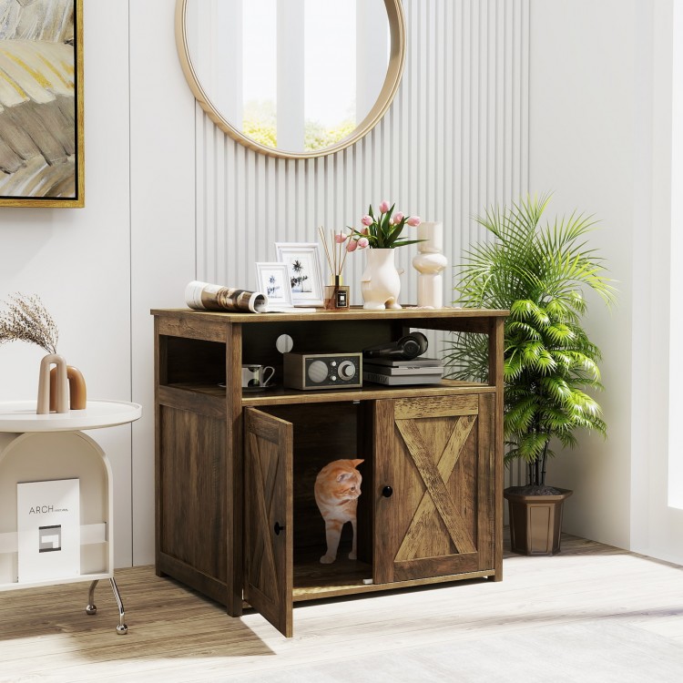 Cat litter box enclosure with rustic barn doors and inner divider, providing dual space for feline activities and.