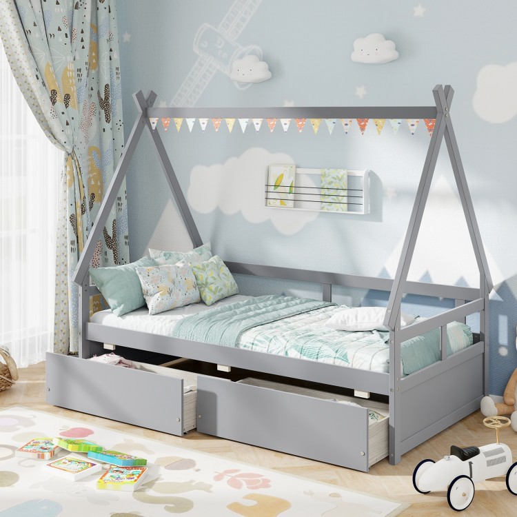 Twin size gray house bed with roof, safety guardrail, and two spacious drawers for storage in a playful room setting.