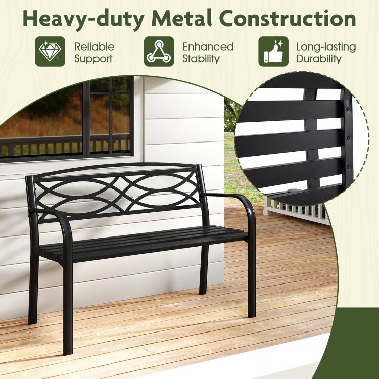 Garden bench showcasing a modern design with contoured seat and curved armrests, perfect for garden and patio use.