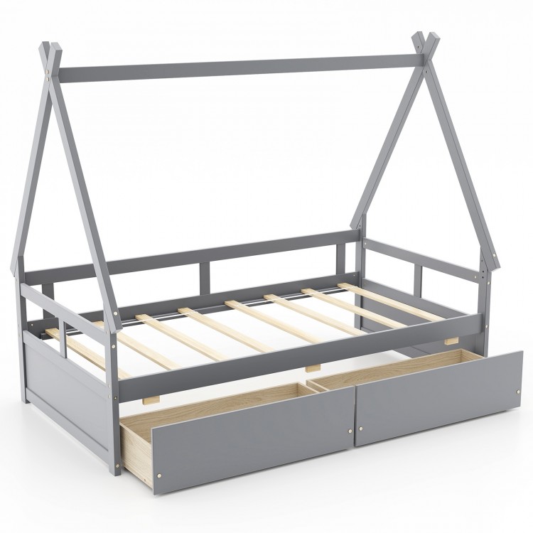 Twin size gray house bed with roof, safety guardrail, and two spacious drawers for storage. Ideal for children's rooms.