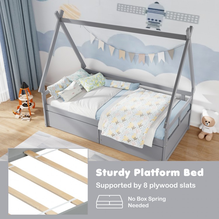 Twin size gray house bed with roof, safety guardrail, and 2 spacious drawers for storage, perfect for kids' rooms.