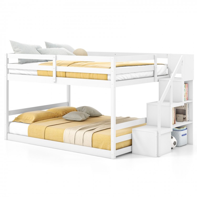 Solid wood full over full low bunk bed in white with storage stairs, perfect for kids' rooms and sleepovers.