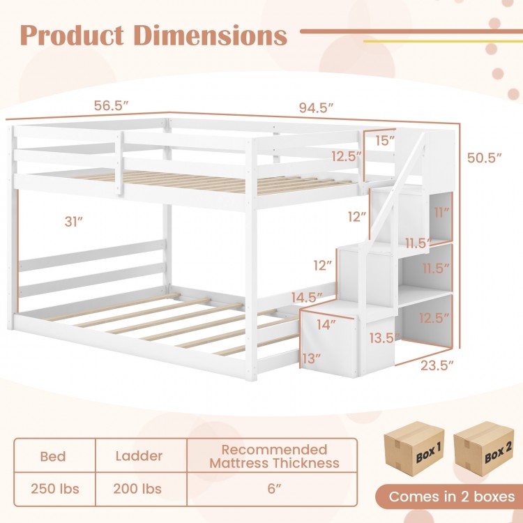 Dimensions of the Solid Wood Full Over Full Low Bunk Bed with Storage Stairs in white, ideal for kids' rooms and.