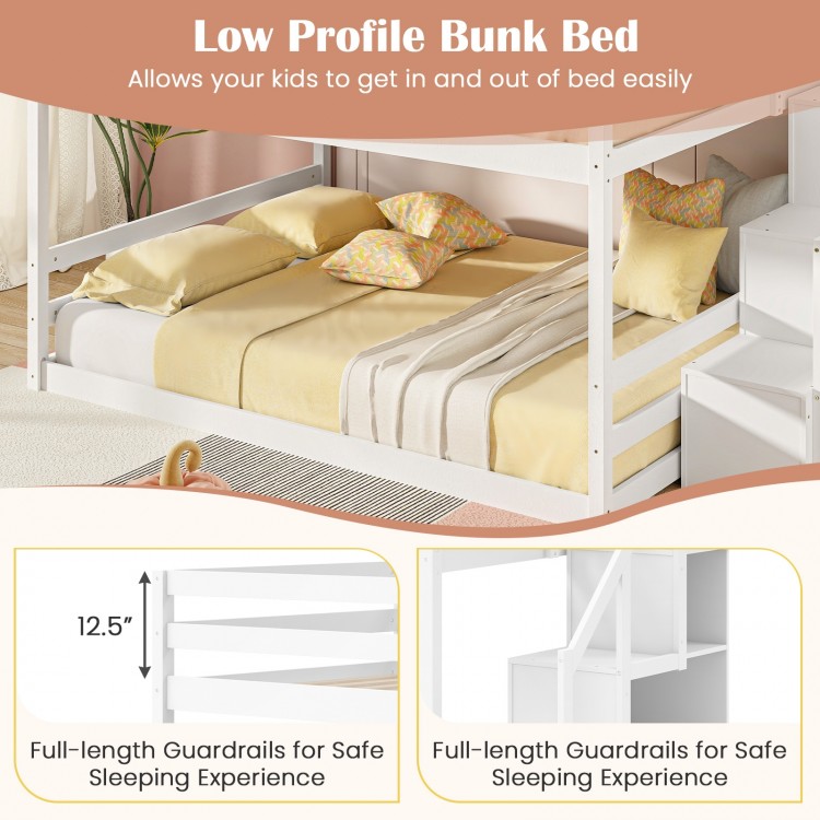 Low profile solid wood full over full bunk bed with storage stairs and full-length guardrails for kids' safety.