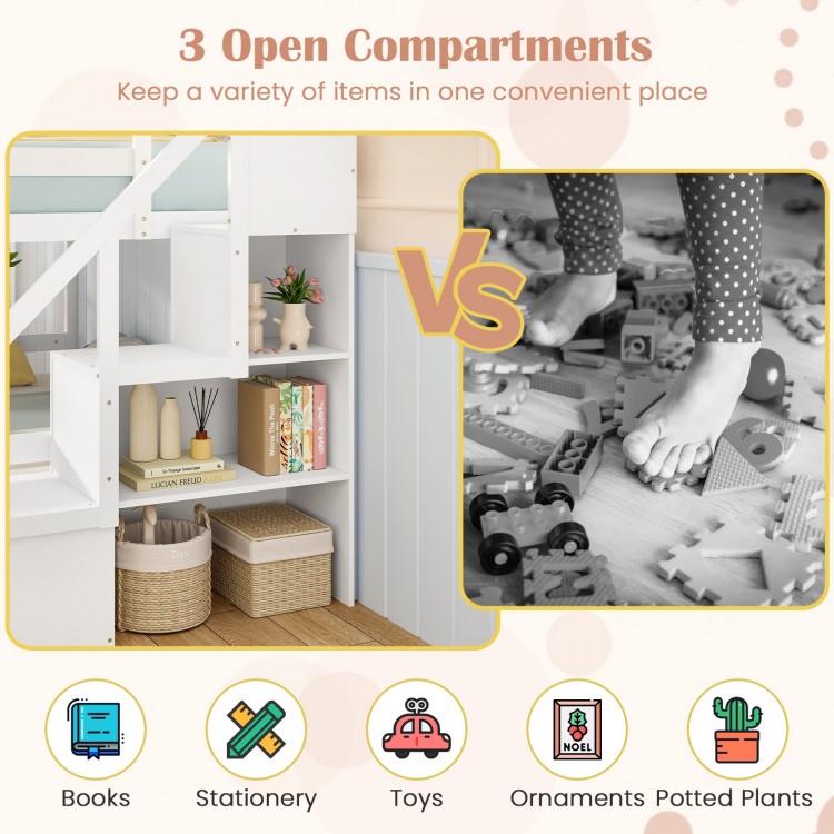 Solid wood full over full low bunk bed with storage stairs and three open compartments for kids' room organization.