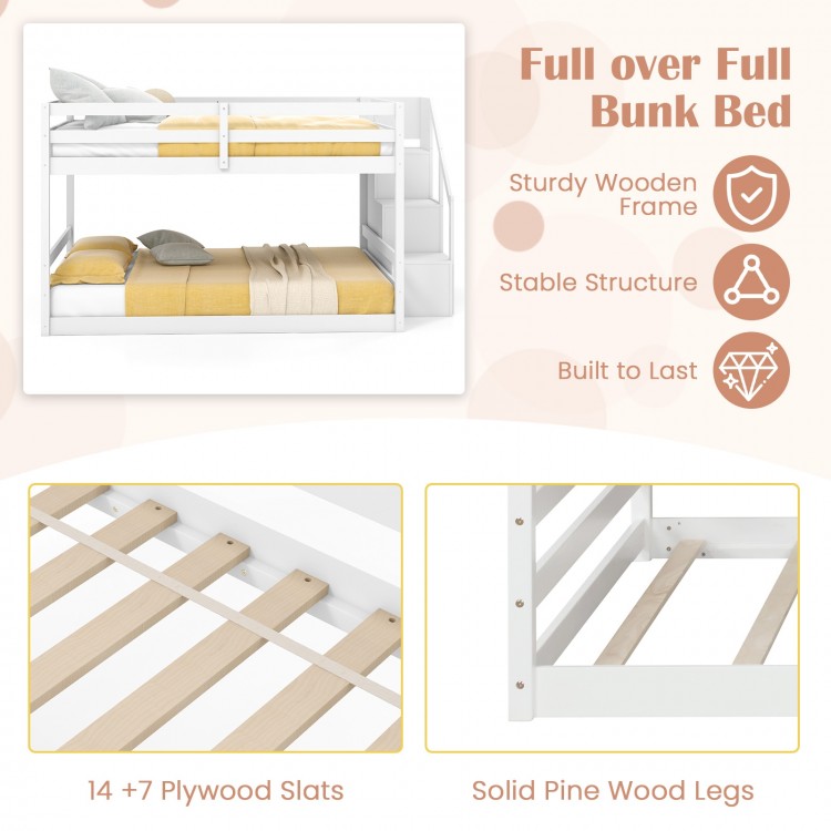 Full over full low bunk bed in white with solid pine legs and integrated storage stairs for kids' rooms or dormitories.