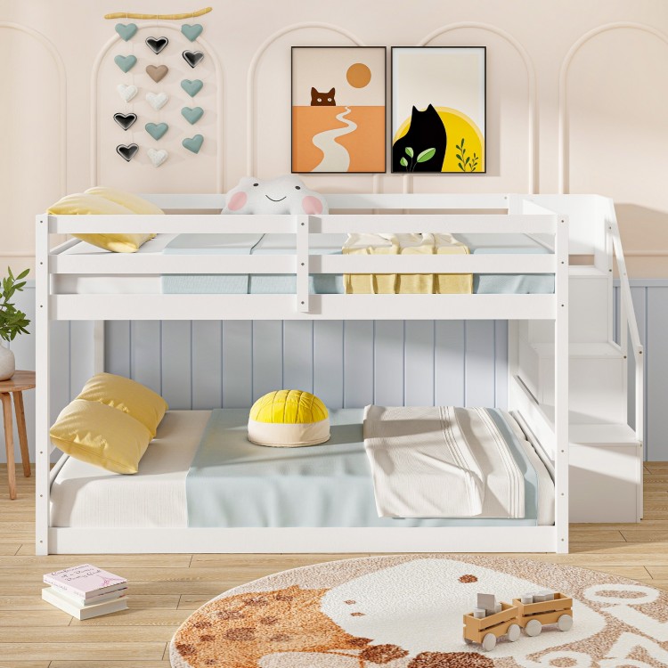 Low profile solid wood full over full bunk bed with storage stairs, ideal for kids' rooms and sleepovers.