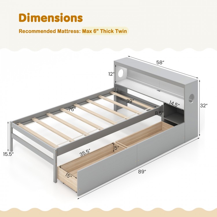 Twin size bed frame in gray with LED light, bookcase headboard, and storage drawers for organized bedroom space.