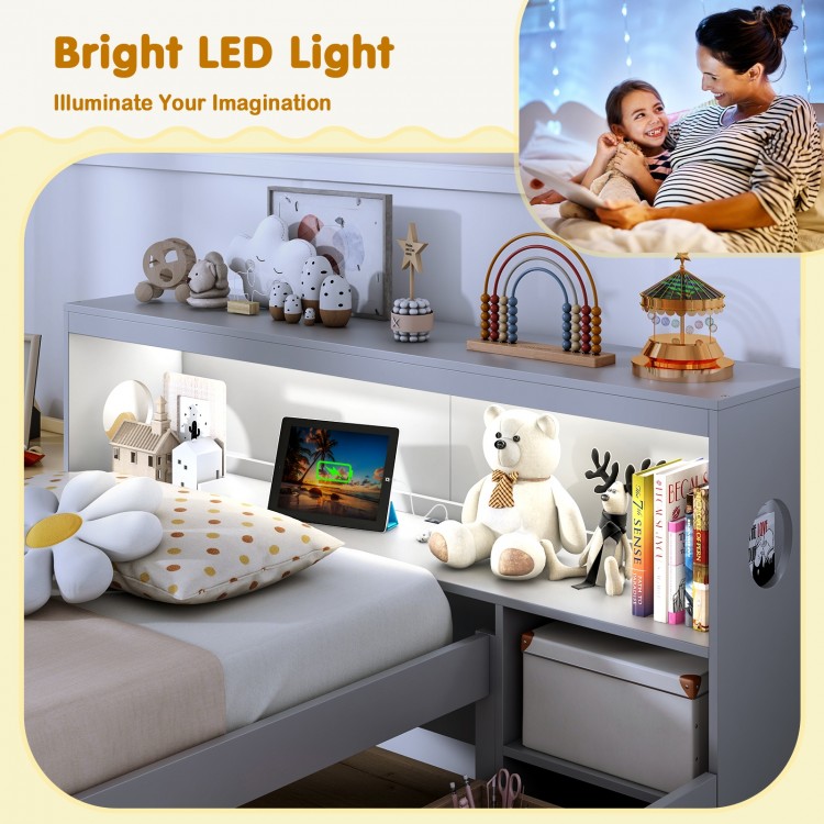 Twin size bed frame in gray with LED light, bookcase headboard, and storage drawers for organized bedtime essentials.