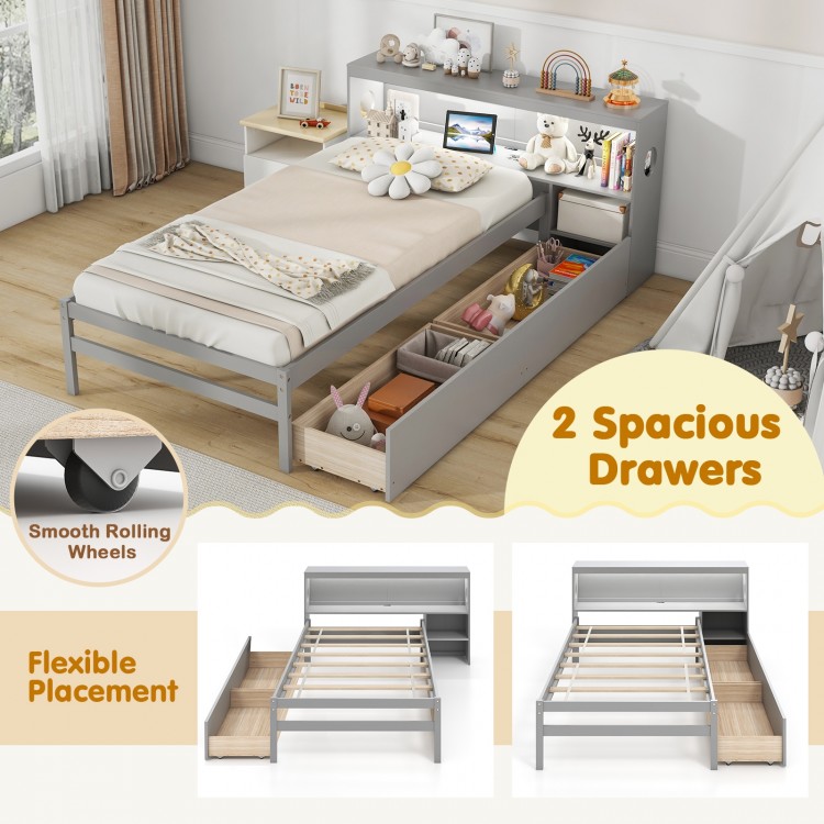 Twin size bed frame in gray with bookcase headboard, LED light, and two spacious drawers for convenient storage.