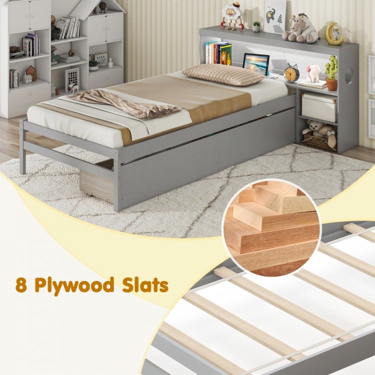 Twin size bed frame in gray with bookcase headboard, LED light, and 8 sturdy plywood slats for durable support.