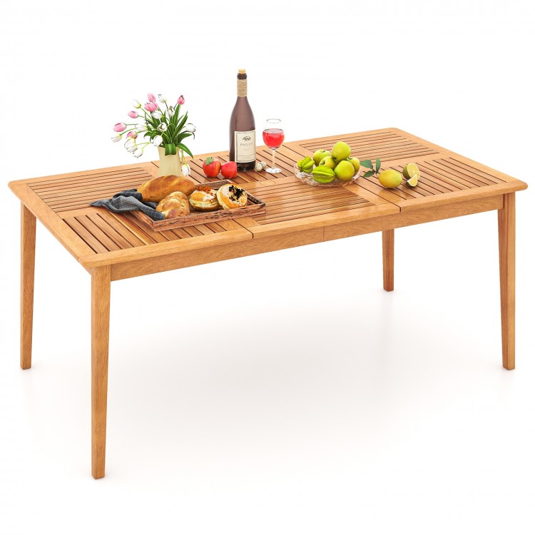 Rectangular bistro dining table made of acacia wood, seating 6, perfect for outdoor gatherings with a natural finish.