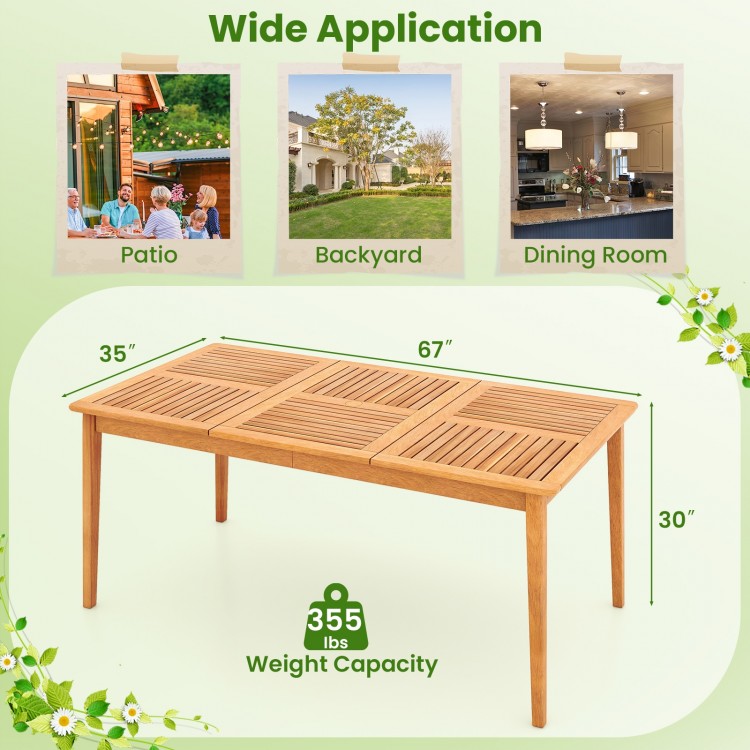 Acacia wood rectangular bistro dining table for 6, featuring a natural finish and umbrella hole, ideal for outdoor.