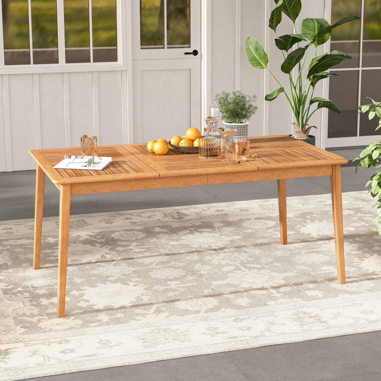 Rectangular 6-person outdoor dining table made of acacia wood, featuring a natural finish and umbrella hole, ideal for.