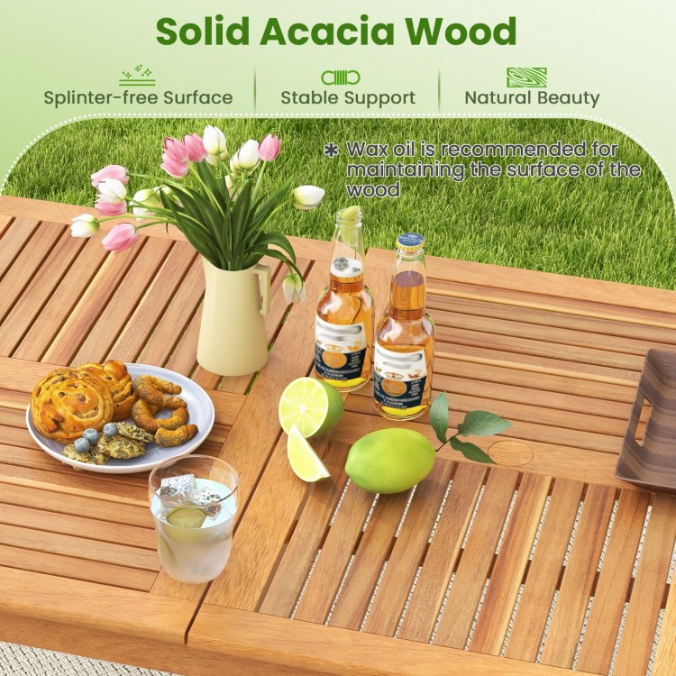 Rectangular 6-person outdoor dining table made of solid acacia wood, featuring a splinter-free surface for stability.