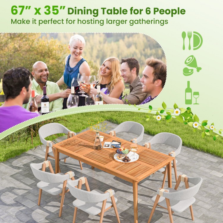Rectangular 67" x 35" acacia wood dining table for 6, ideal for outdoor gatherings with a natural finish and umbrella.