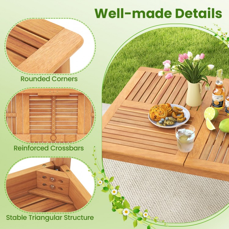 Detail view of the 6-person outdoor acacia wood bistro dining table showcasing rounded corners and reinforced crossbars.