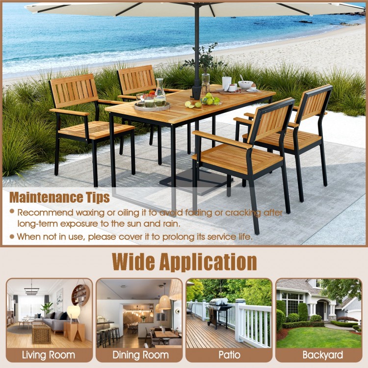 Patio outdoor dining chair set of 2 featuring acacia wood and metal frame, designed for comfort and weather resistance.