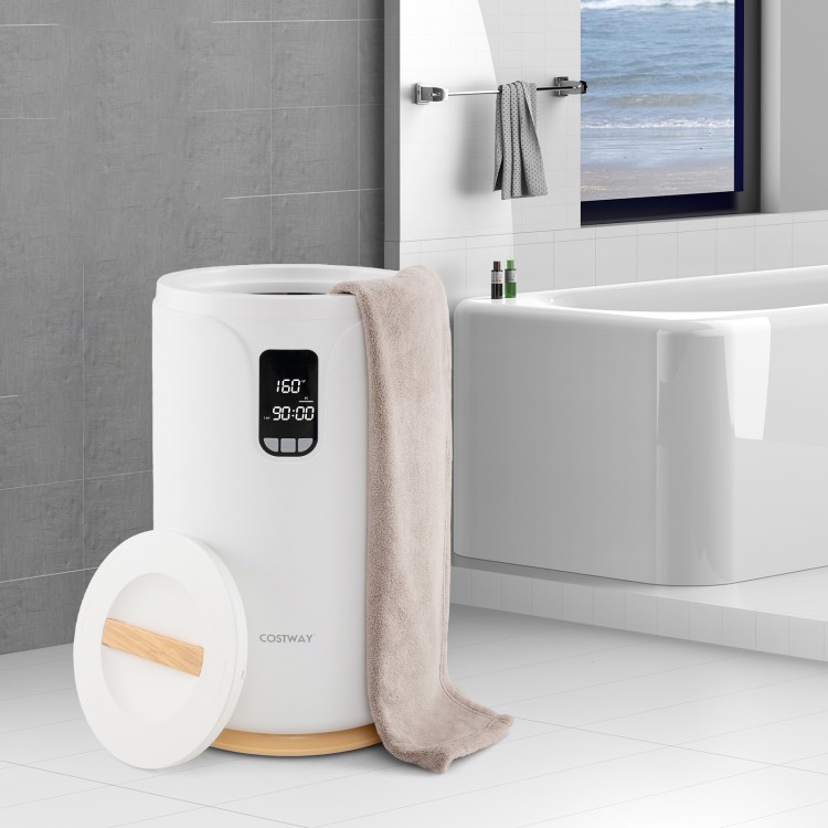 20L hot towel warmer bucket in white with a soft towel draped over, ideal for warm towels in the bathroom.