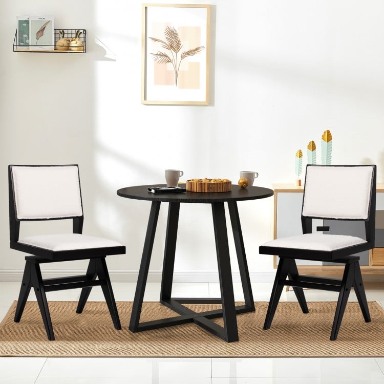 Set of 2 swivel dining chairs with black rubber wood frame and white faux sherpa upholstery, perfect for kitchen or.