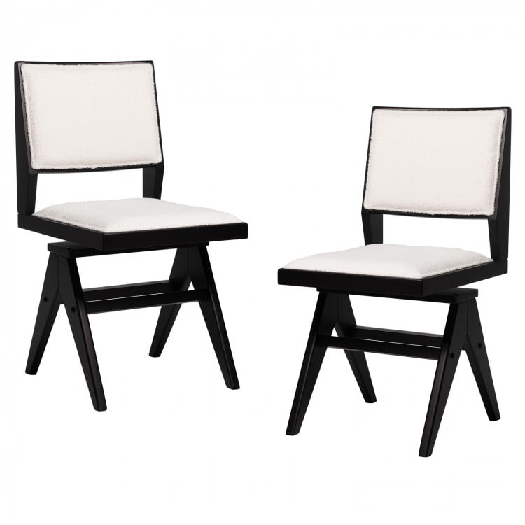 Set of 2 swivel dining chairs with black rubber wood frame and white faux sherpa upholstery for stylish seating.