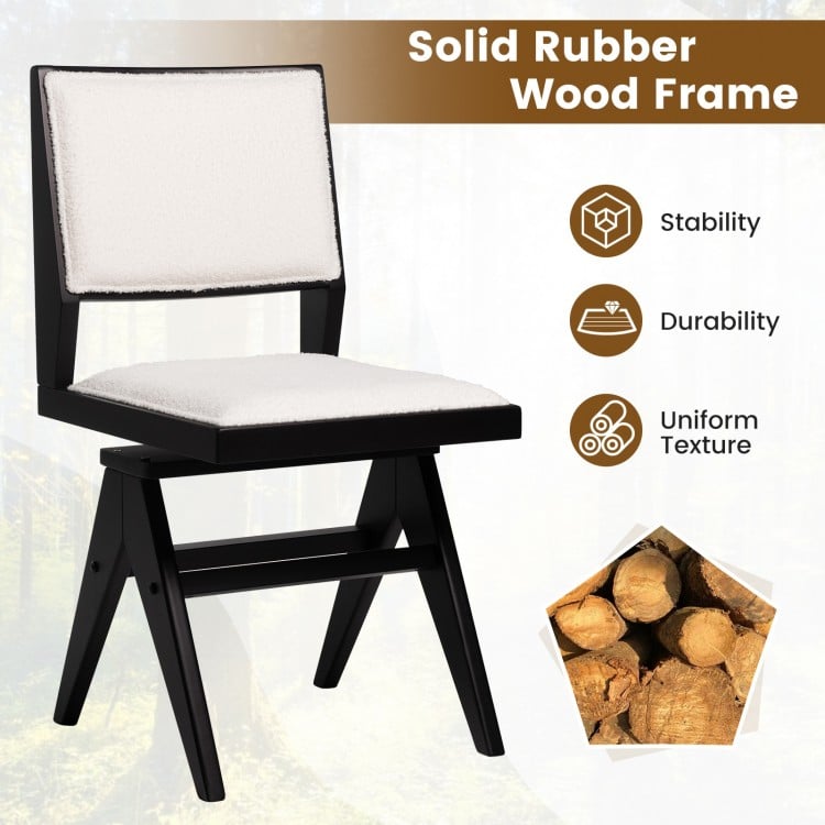 Swivel dining chair with black rubber wood frame and white faux sherpa upholstery, ideal for kitchen or living room use.