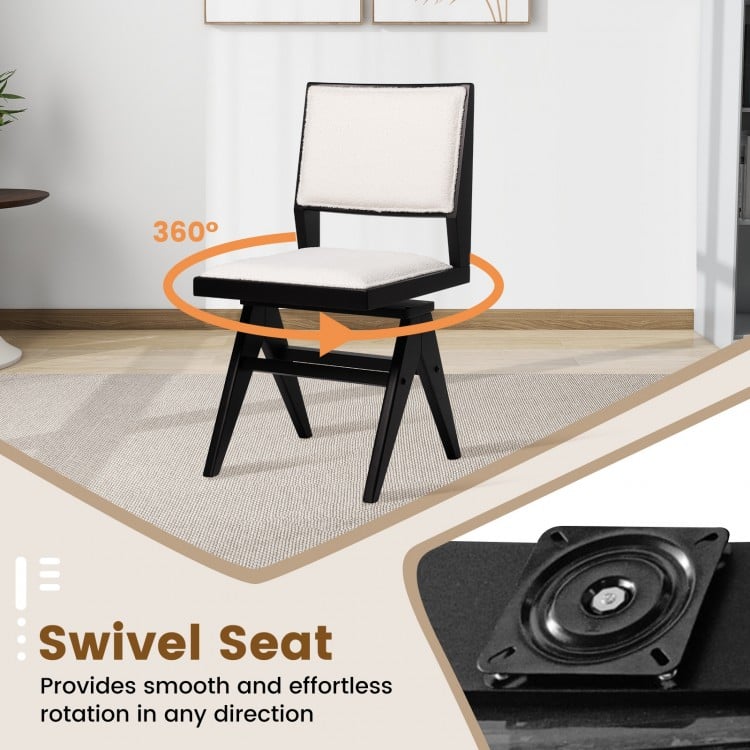 Swivel wooden dining chair with black rubber wood frame and white faux sherpa seat, perfect for kitchen or dining room.