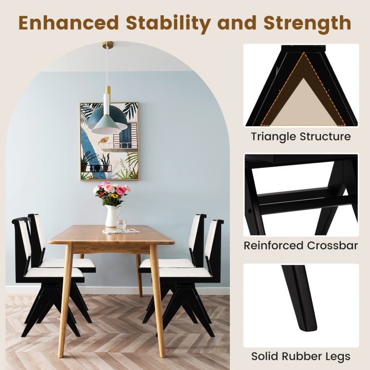 Swivel wooden dining chair set of 2 with black rubber wood frame and padded white faux sherpa seat for versatile use.