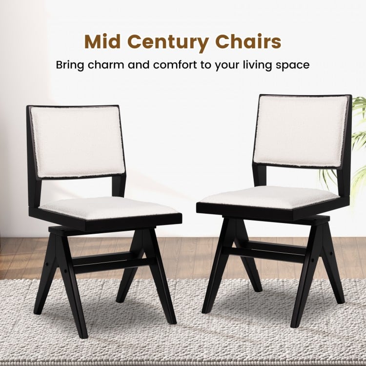 Set of 2 swivel wooden dining chairs with black rubber wood frame and white faux sherpa upholstery for stylish comfort.