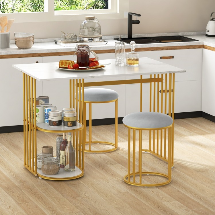 Rectangular dining table for 2 with gold metal frame, faux marble top, and 2-tier storage shelf for small spaces.