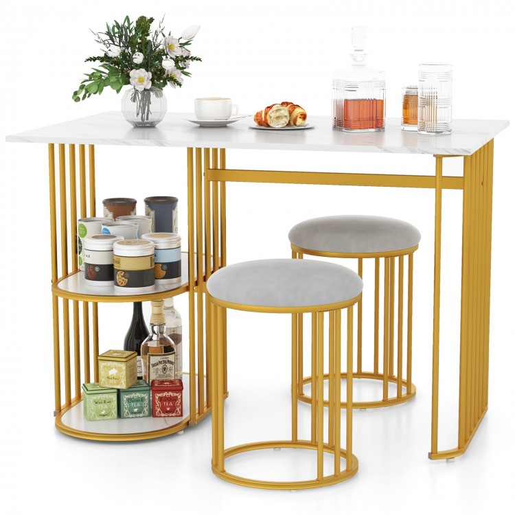Rectangular dining table for 2 with faux marble surface and gold metal frame, featuring 2-tier storage shelf for small.