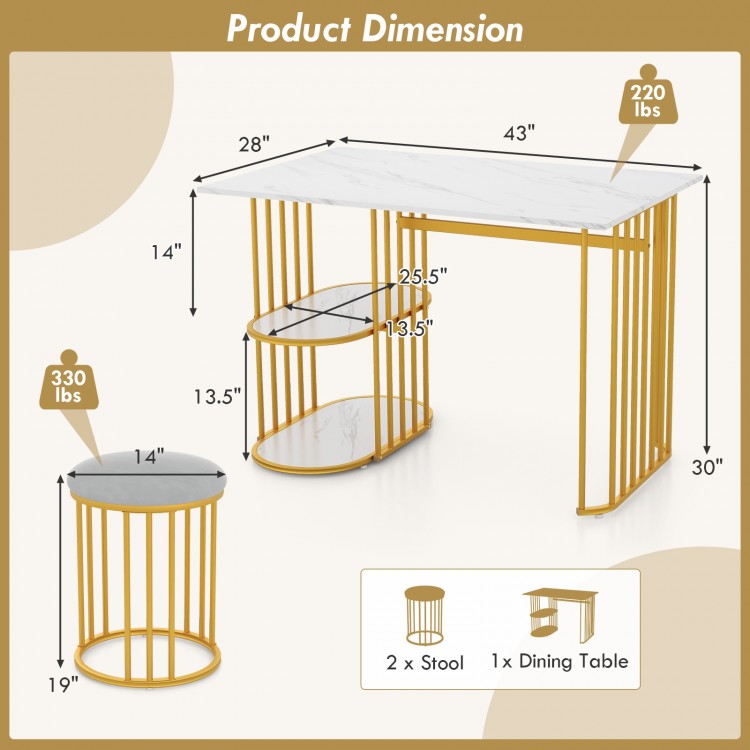 Rectangular dining table with faux marble surface and gold metal frame, featuring 2-tier storage shelf for small spaces.