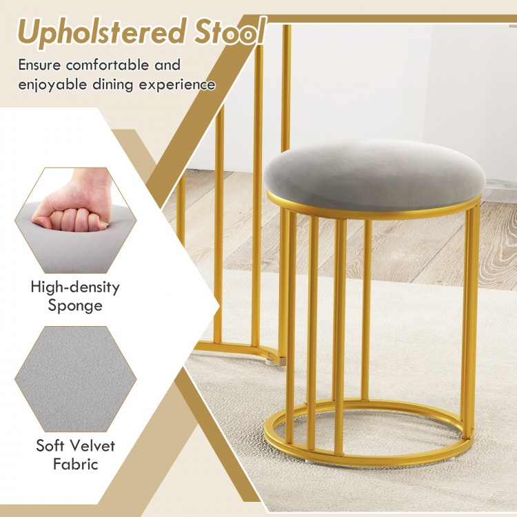 Upholstered stool with soft velvet fabric and high-density sponge for comfortable dining, featuring a gold metal frame.