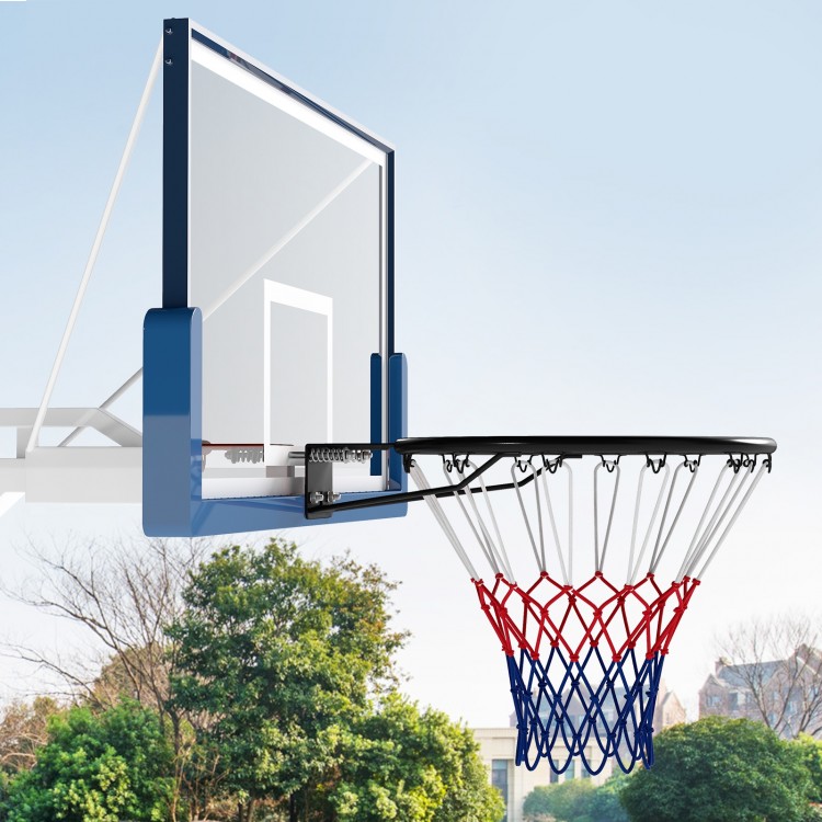 18" heavy-duty basketball rim with anti-tear net, mounted for indoor or outdoor play, featuring a solid metal frame.