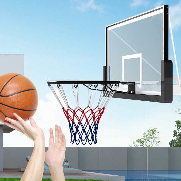 Heavy-duty 18" basketball rim with a solid metal frame and all-weather net, perfect for indoor and outdoor play.