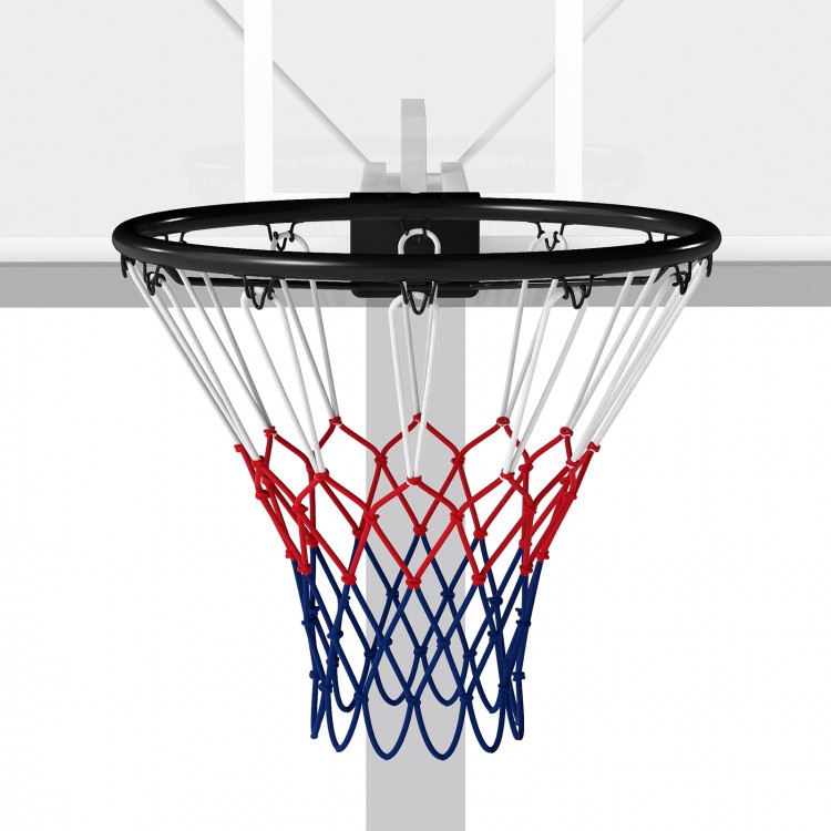18" heavy-duty basketball rim with a solid metal frame and all-weather net, perfect for indoor and outdoor play.