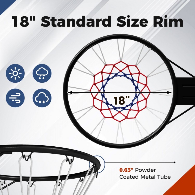 18" basketball rim with powder-coated metal tube and durable all-weather net, ideal for indoor and outdoor play.