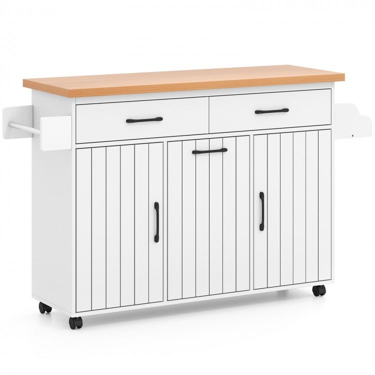 Mobile kitchen island table in white with a wooden top, featuring storage cabinets, wheels, and a spice rack for dining.