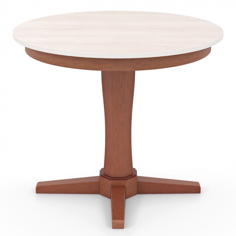Round dining table with a pedestal base, featuring a cream white MDF top and walnut finish, ideal for gatherings.
