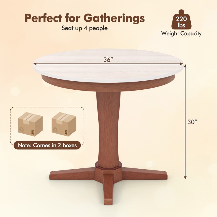Round wooden dining table with pedestal base, cream white finish, seats 4, perfect for gatherings, 36" diameter.