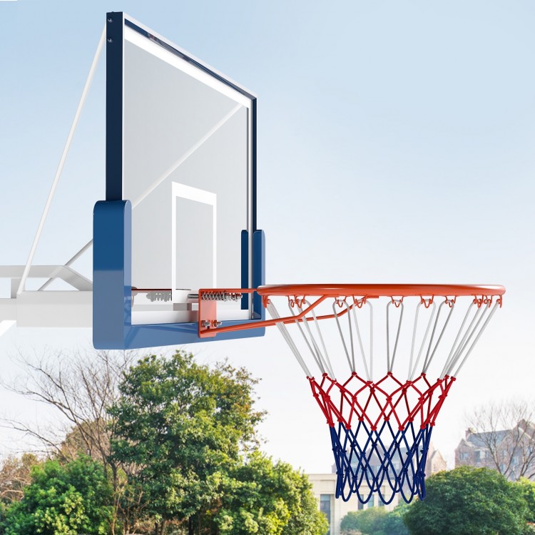 18" heavy-duty basketball rim with solid metal frame and all-weather net, ideal for indoor and outdoor play.