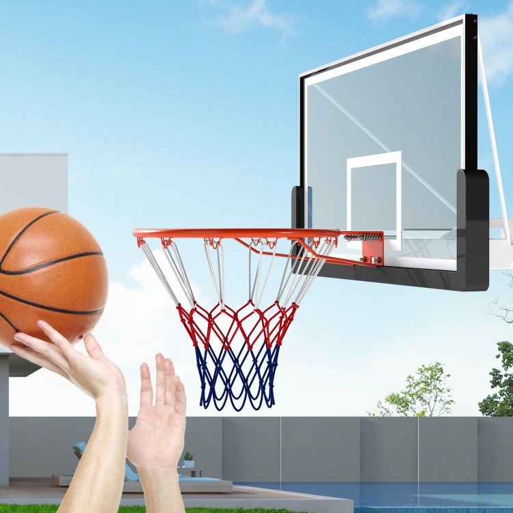 18" heavy-duty basketball rim with orange net, mounted on a wall, ideal for indoor and outdoor play.