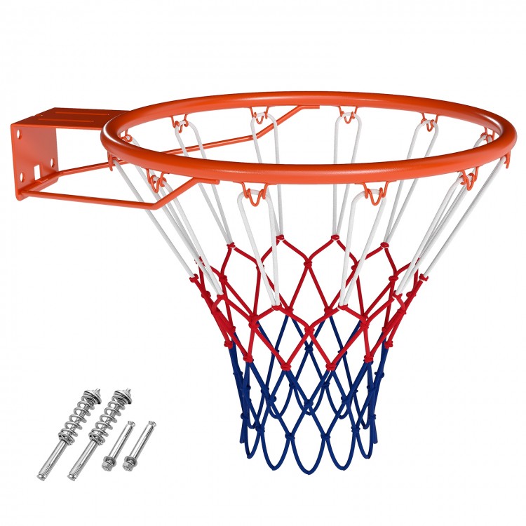 18" heavy duty basketball rim with orange frame and all-weather net, perfect for indoor and outdoor play.