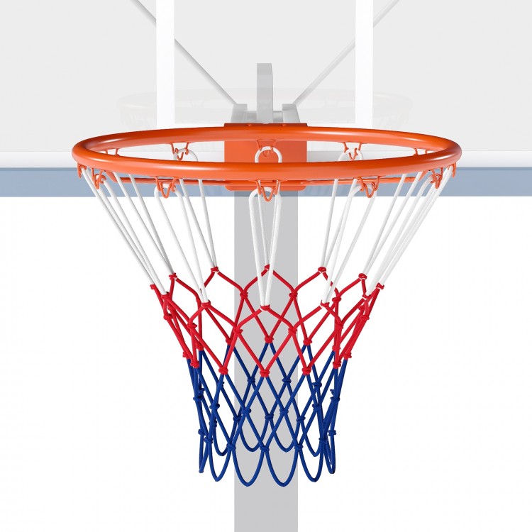 18" heavy-duty basketball rim with orange frame and durable all-weather net, perfect for indoor and outdoor play.