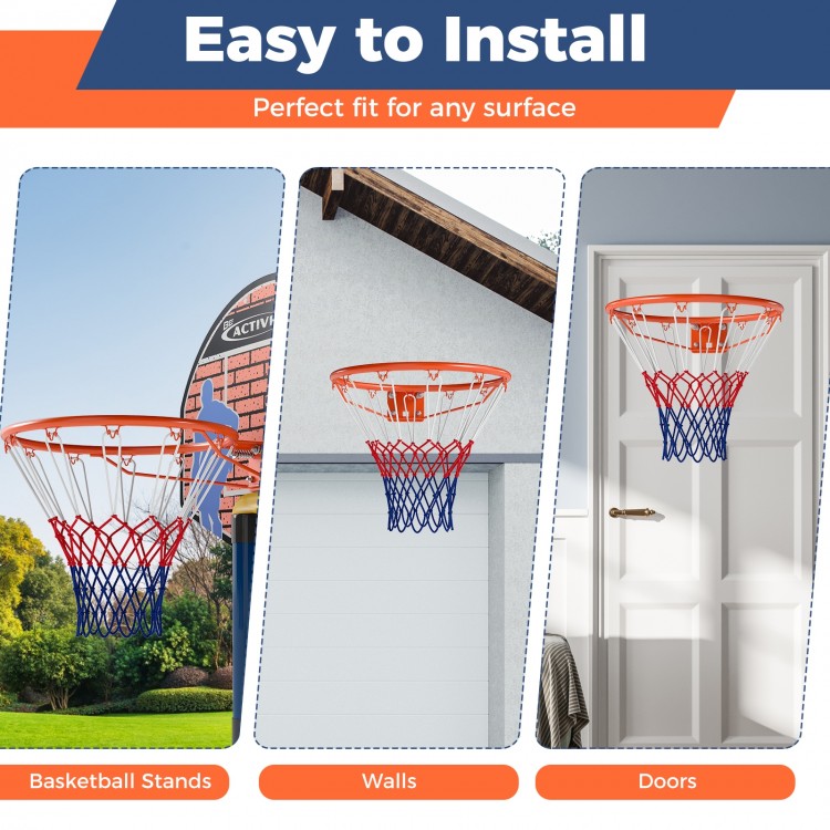 18" heavy-duty basketball rim in orange, easily mounted on walls, doors, or basketball stands for indoor and outdoor.