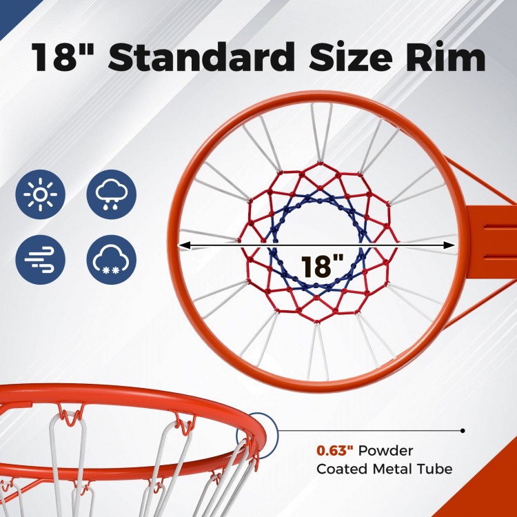 18" basketball rim with powder-coated metal tube and all-weather net, perfect for indoor and outdoor play.