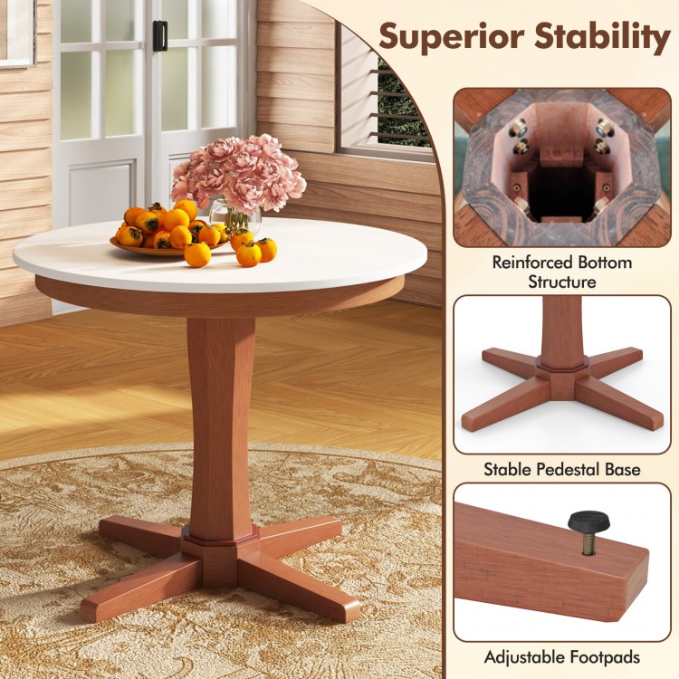 35-inch round dining table with a white MDF top, walnut pedestal base, and adjustable footpads for stability.