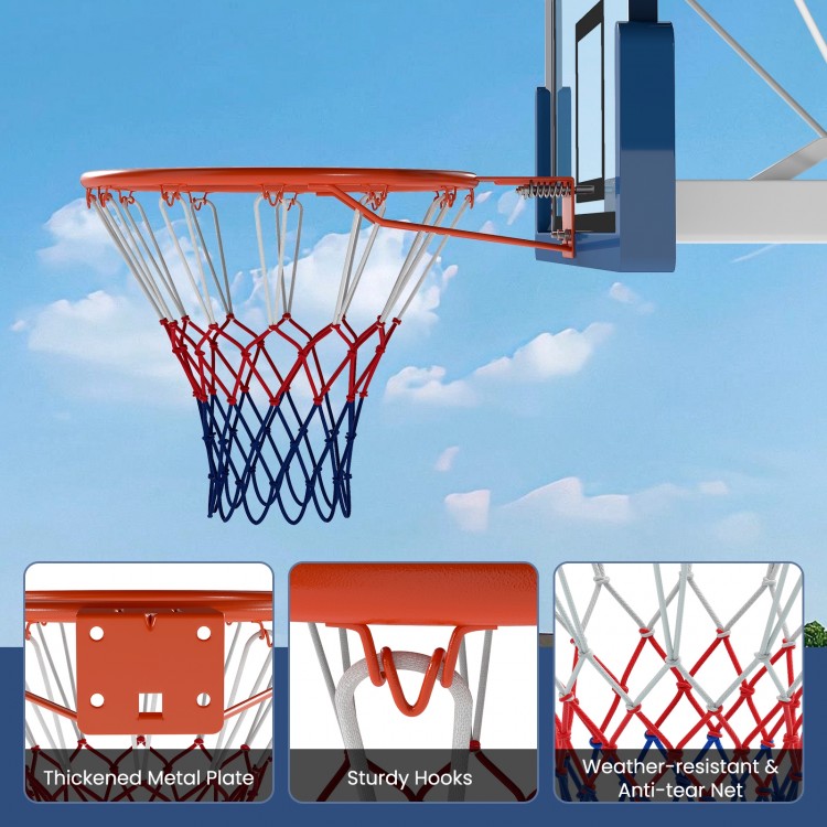 18" heavy duty basketball rim with thickened metal plate and weather-resistant net, perfect for indoor and outdoor play.