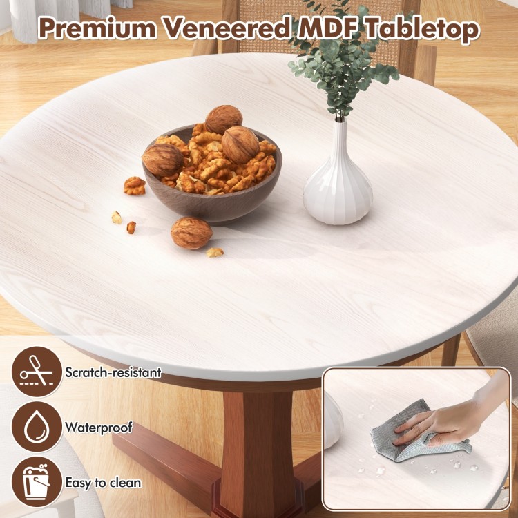 Round 35-inch dining table with a white MDF tabletop, featuring a sturdy pedestal base, perfect for gatherings.